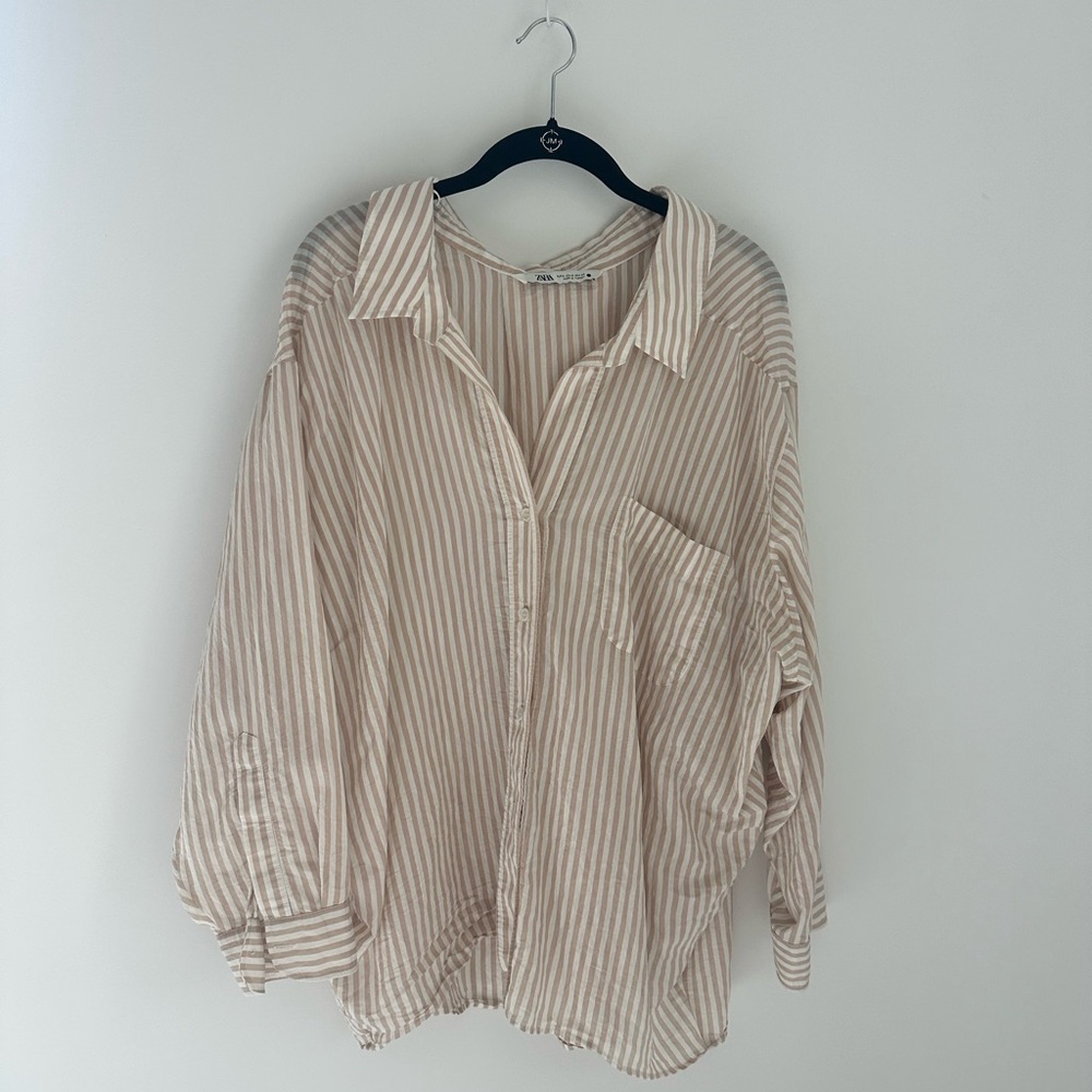 Zara Beige Striped Button-Down Shirt